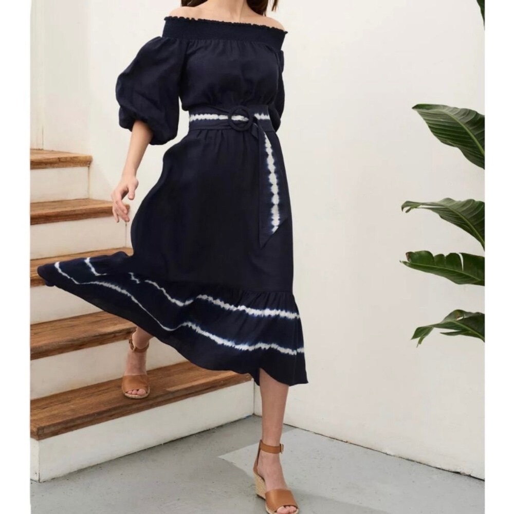 SACHIN & BABI Linen Midi Dress Womens 4 Navy Blue Smocked Boho Designer